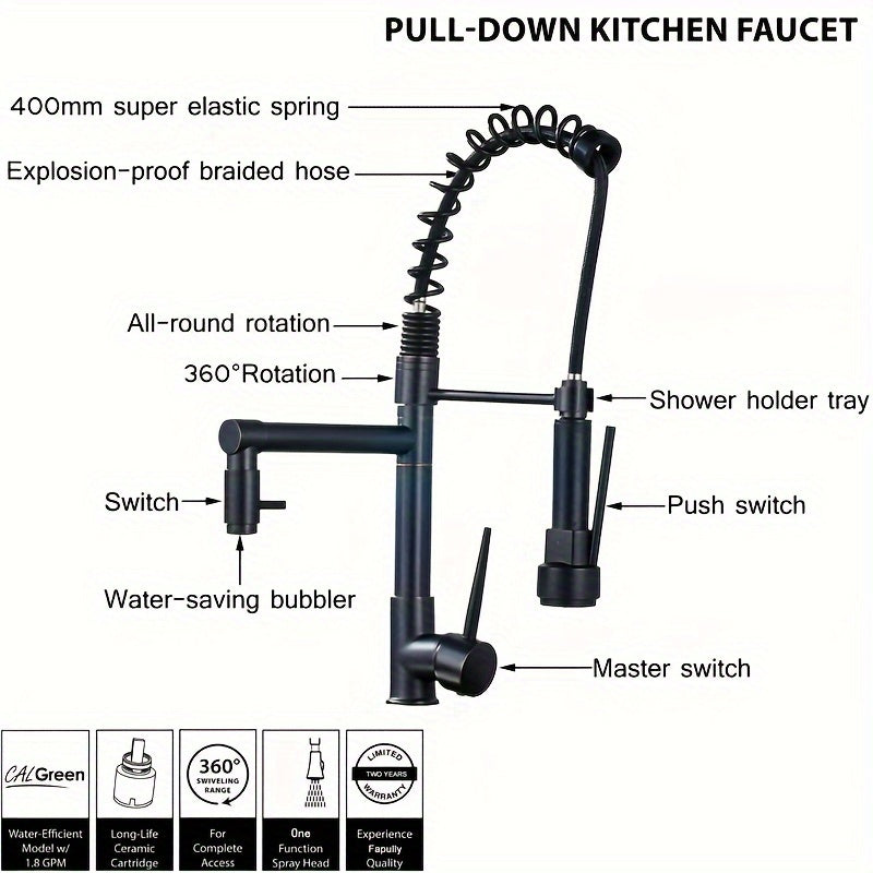 Commercial-Grade Matte Black Kitchen Faucet with Pull-Down Sprayer - Single Handle High Pressure Brass Sink Faucet