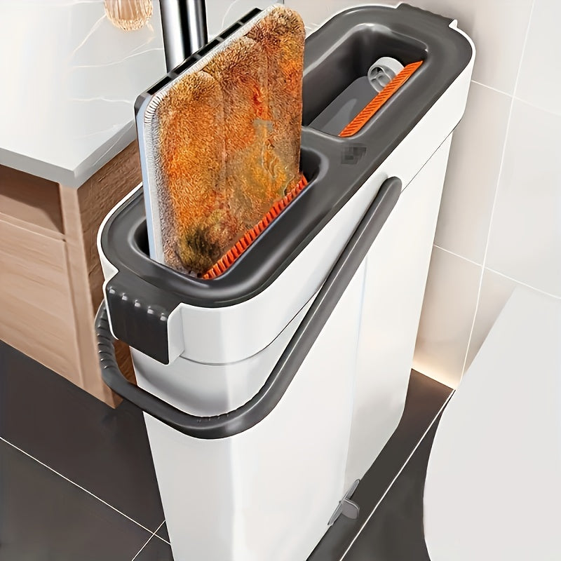 Complete cleaning system with mop and bucket, hands-free household dusting flat mop, dry and wet separation bucket, comes with 3 washable and reusable microfiber cloths