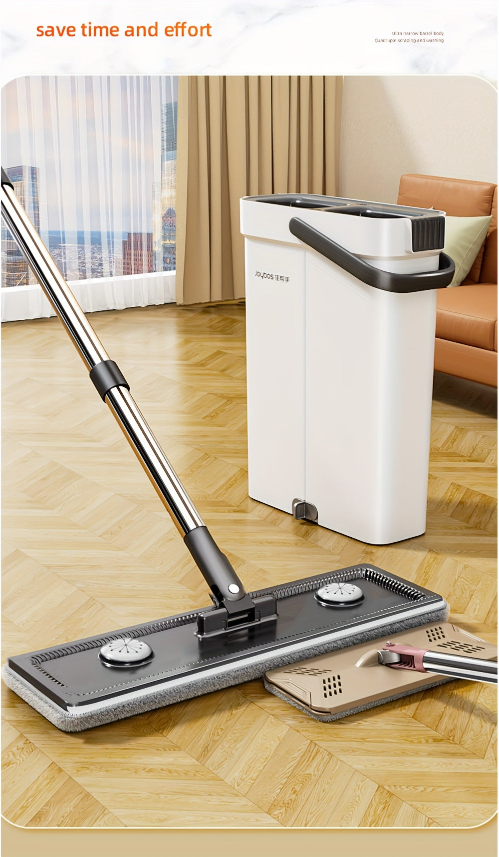 Complete cleaning system with mop and bucket, hands-free household dusting flat mop, dry and wet separation bucket, comes with 3 washable and reusable microfiber cloths