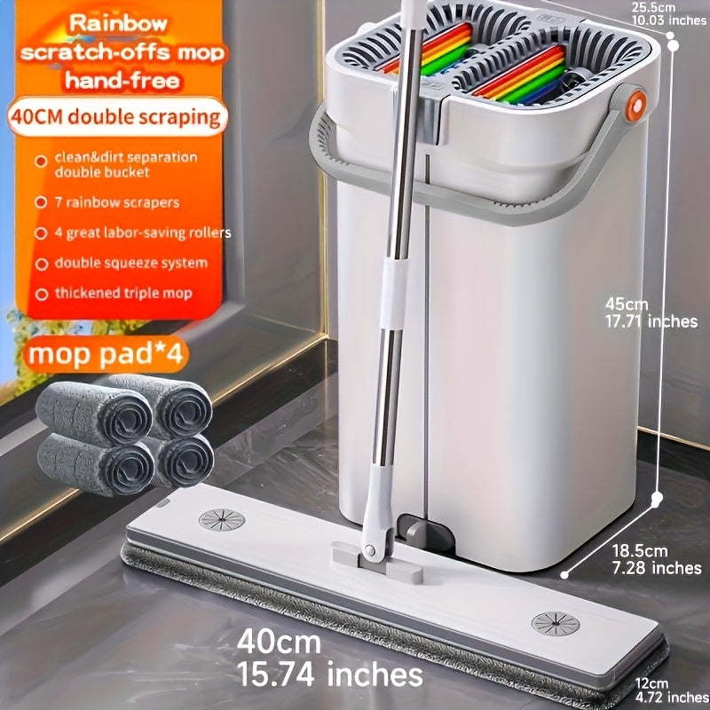 Complete cleaning system with mop and bucket, hands-free household dusting flat mop, dry and wet separation bucket, comes with 3 washable and reusable microfiber cloths