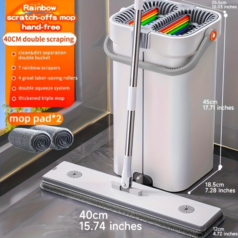 Complete cleaning system with mop and bucket, hands-free household dusting flat mop, dry and wet separation bucket, comes with 3 washable and reusable microfiber cloths