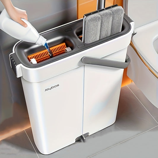 Complete cleaning system with mop and bucket, hands-free household dusting flat mop, dry and wet separation bucket, comes with 3 washable and reusable microfiber cloths