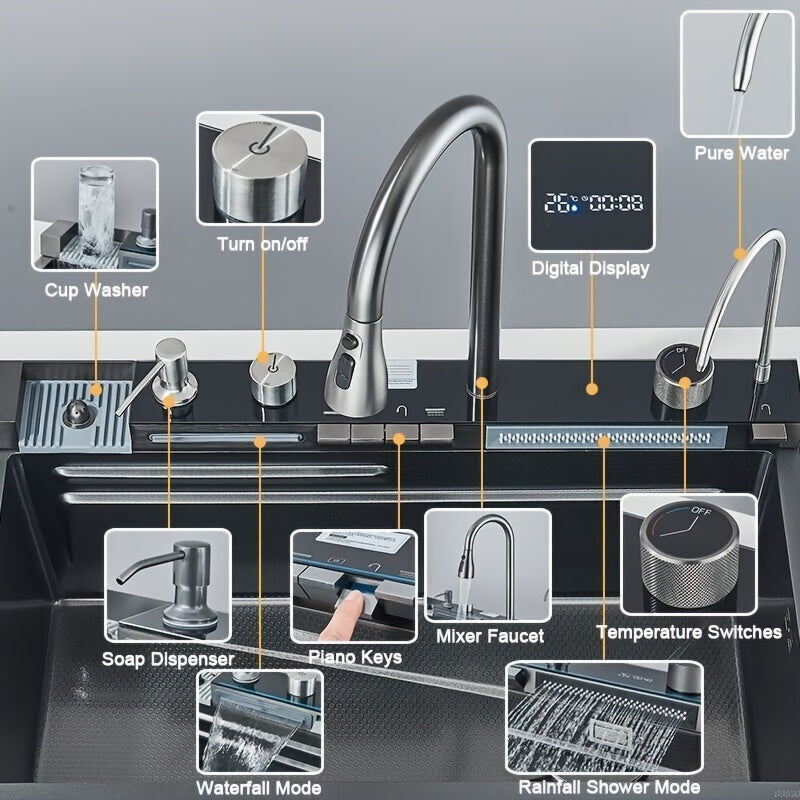 Digital Display Waterfall Sink Single Bowl Kitchen Sinks - Stainless Steel