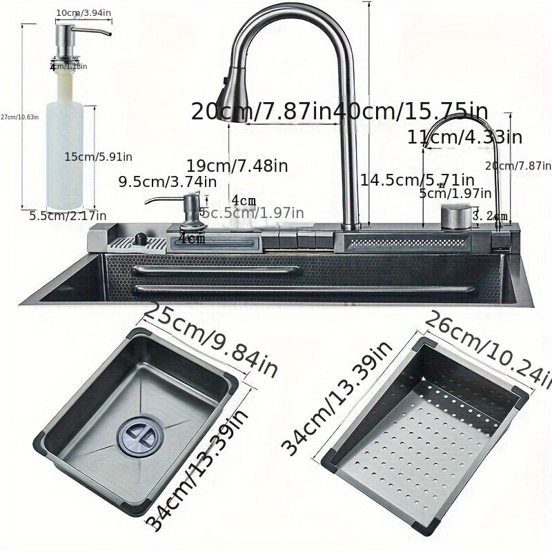 Digital Display Waterfall Sink Single Bowl Kitchen Sinks - Stainless Steel