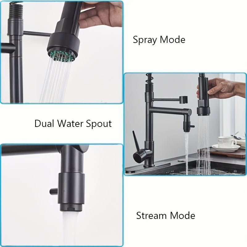 Commercial-Grade Matte Black Kitchen Faucet with Pull-Down Sprayer - Single Handle High Pressure Brass Sink Faucet