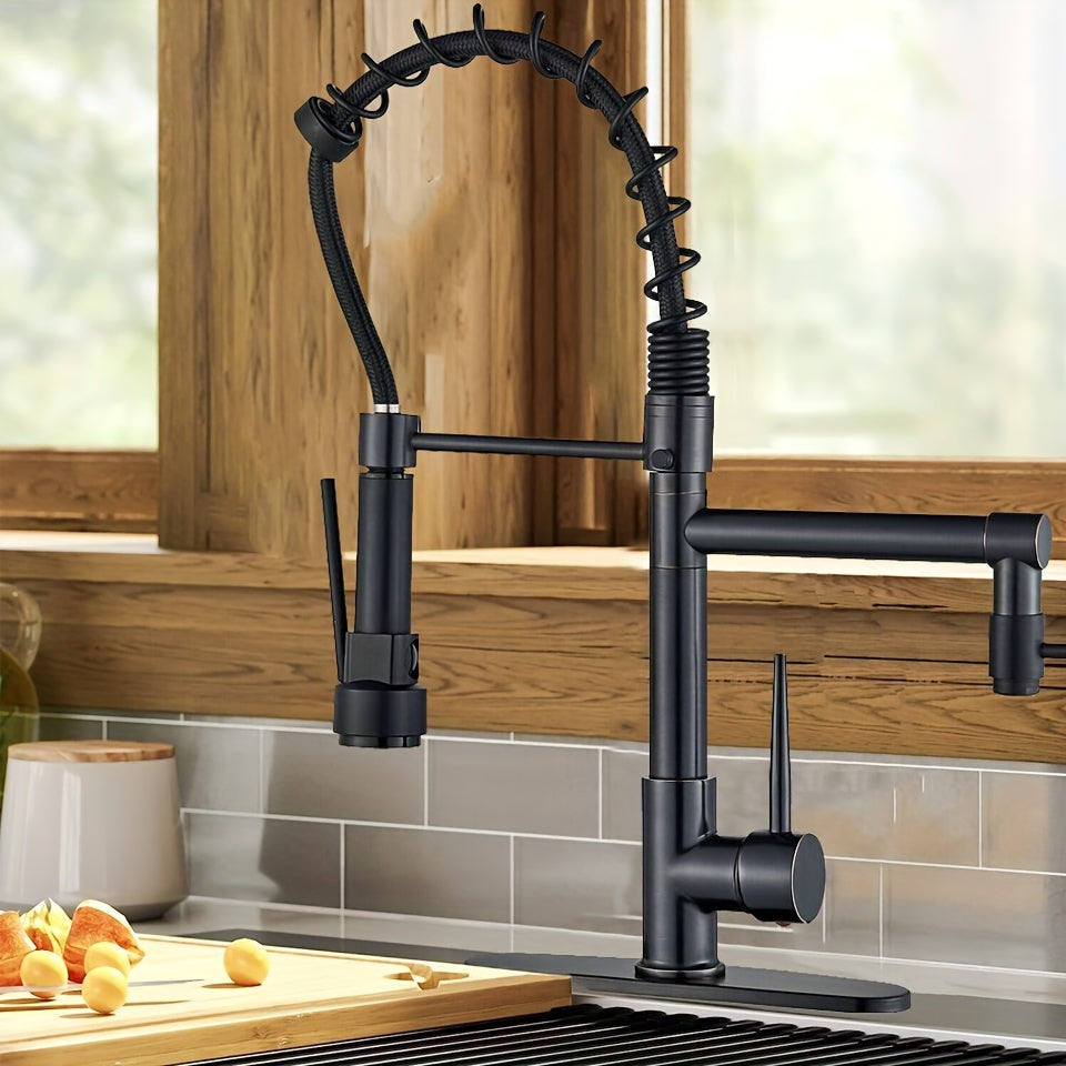 Commercial-Grade Matte Black Kitchen Faucet with Pull-Down Sprayer - Single Handle High Pressure Brass Sink Faucet