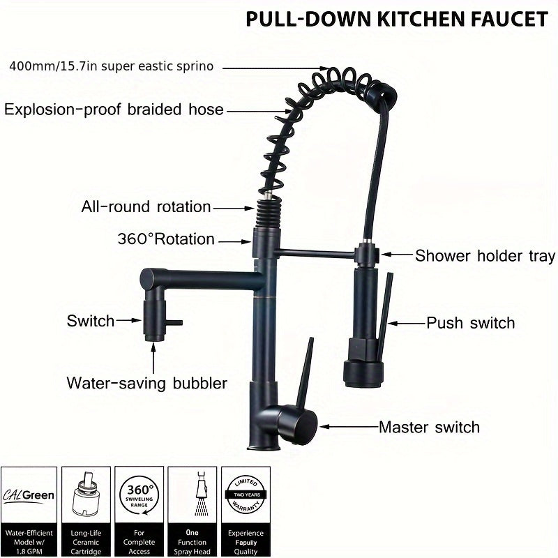 Commercial-Grade Matte Black Kitchen Faucet with Pull-Down Sprayer - Single Handle High Pressure Brass Sink Faucet