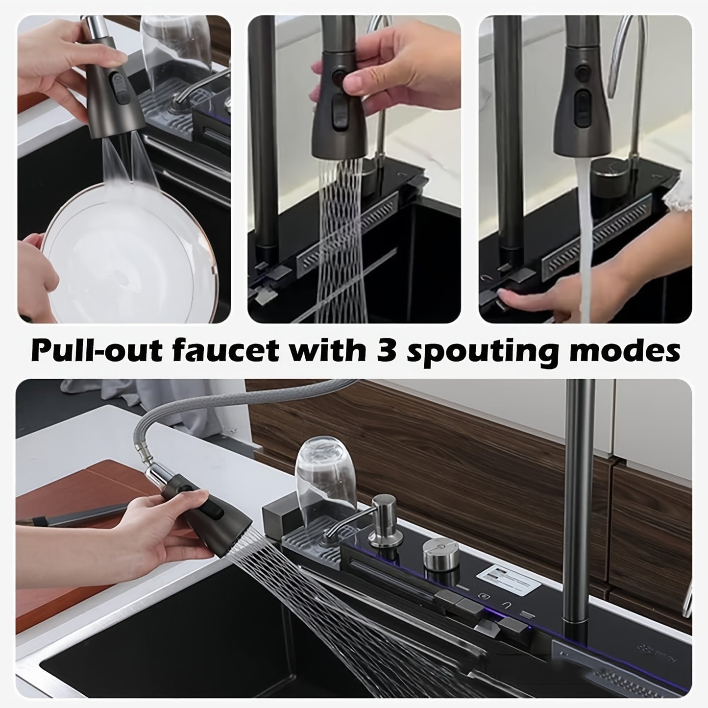 Digital Display Waterfall Sink Single Bowl Kitchen Sinks - Stainless Steel