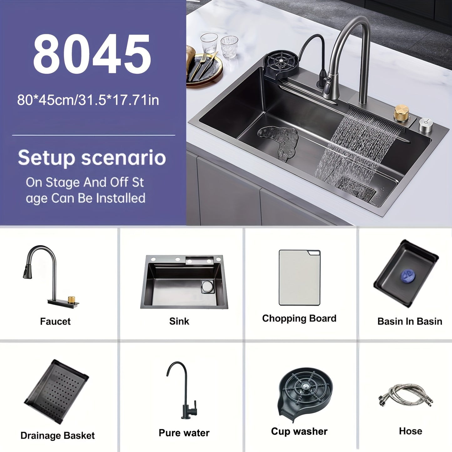 Digital Display Waterfall Sink Single Bowl Kitchen Sinks - Stainless Steel