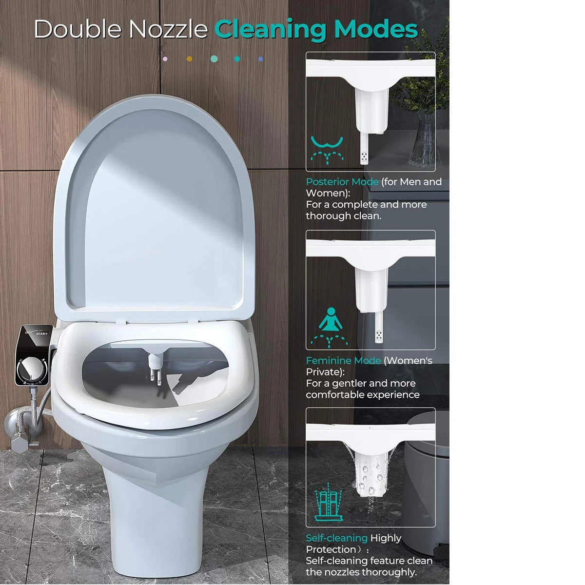 Bidet Toilet Seat Attachment Non-Electric Self-Cleaning Dual Nozzles Wash Hot Cold Mixer Water