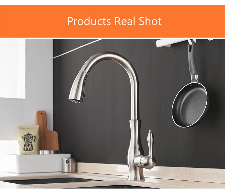 Gold Kitchen Faucets Silver Single Handle Pull Out Kitchen Tap Single Hole Water Mixer