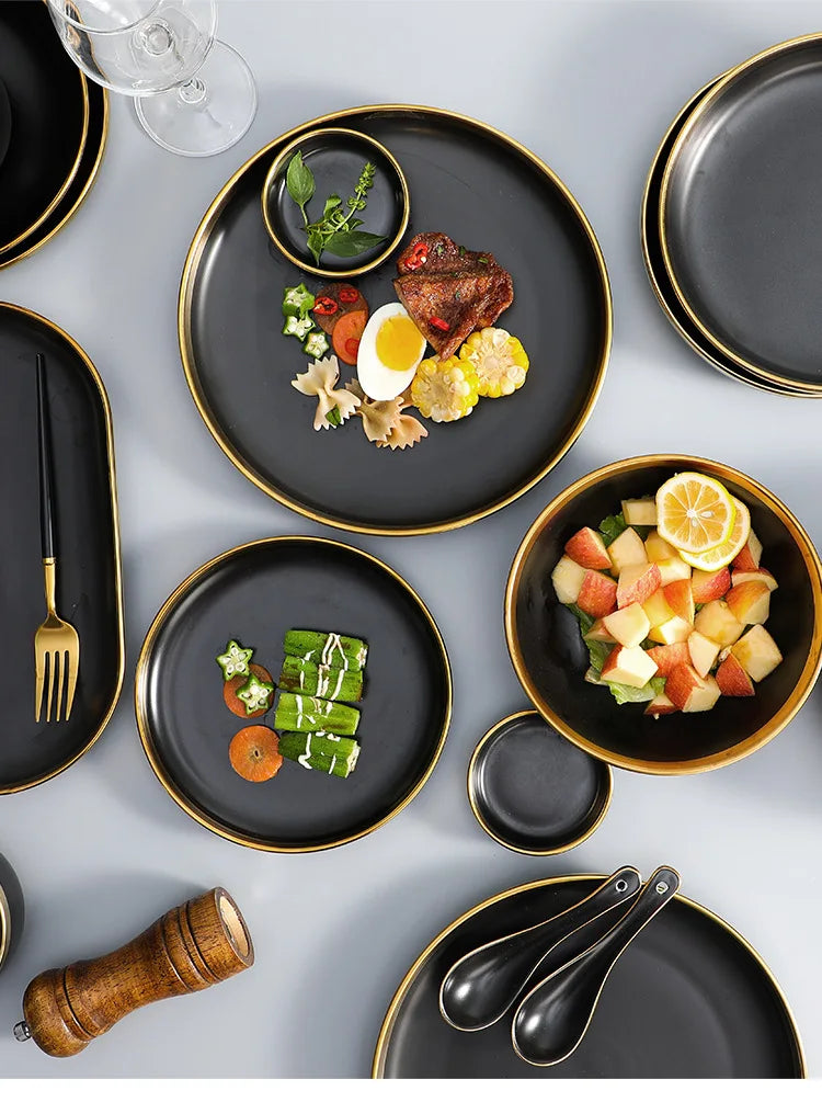 Gilt Rim Black Porcelain Dinner Plates Cutlery Set