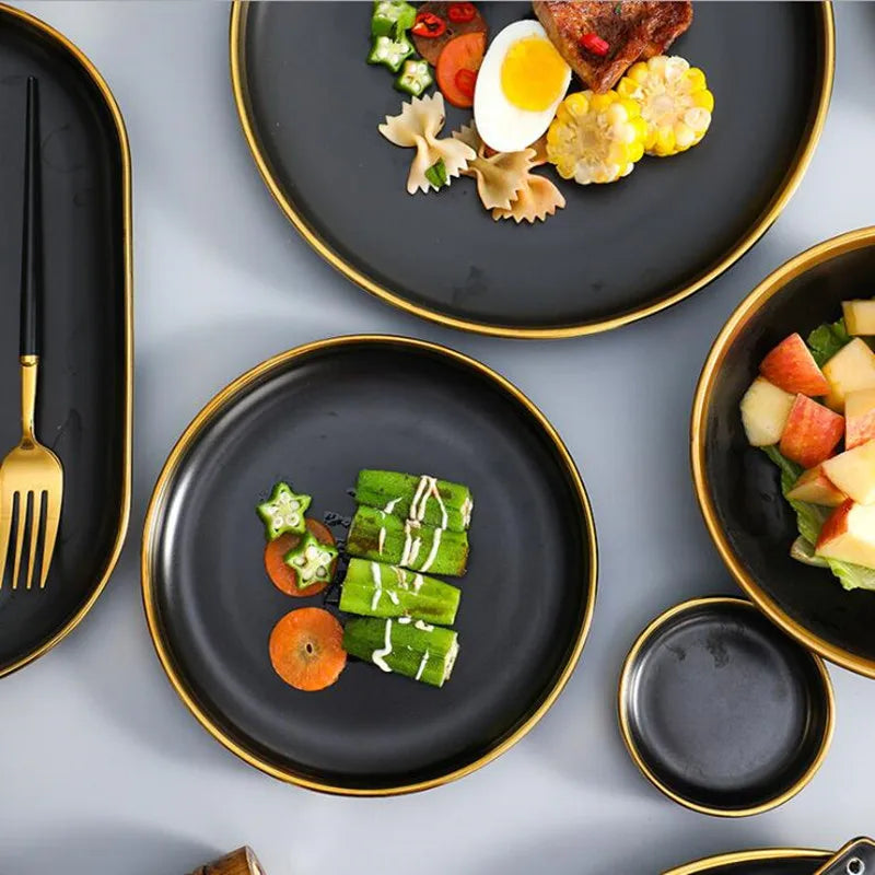 Gilt Rim Black Porcelain Dinner Plates Cutlery Set