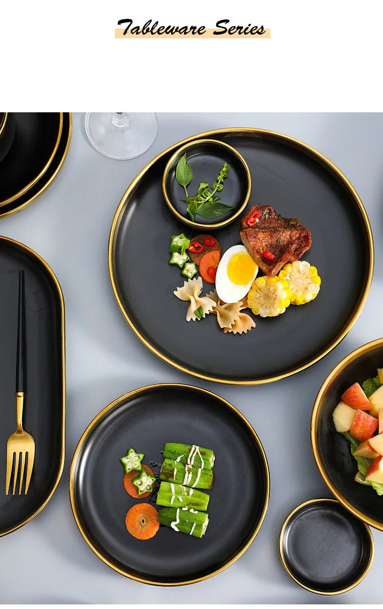 Gilt Rim Black Porcelain Dinner Plates Cutlery Set