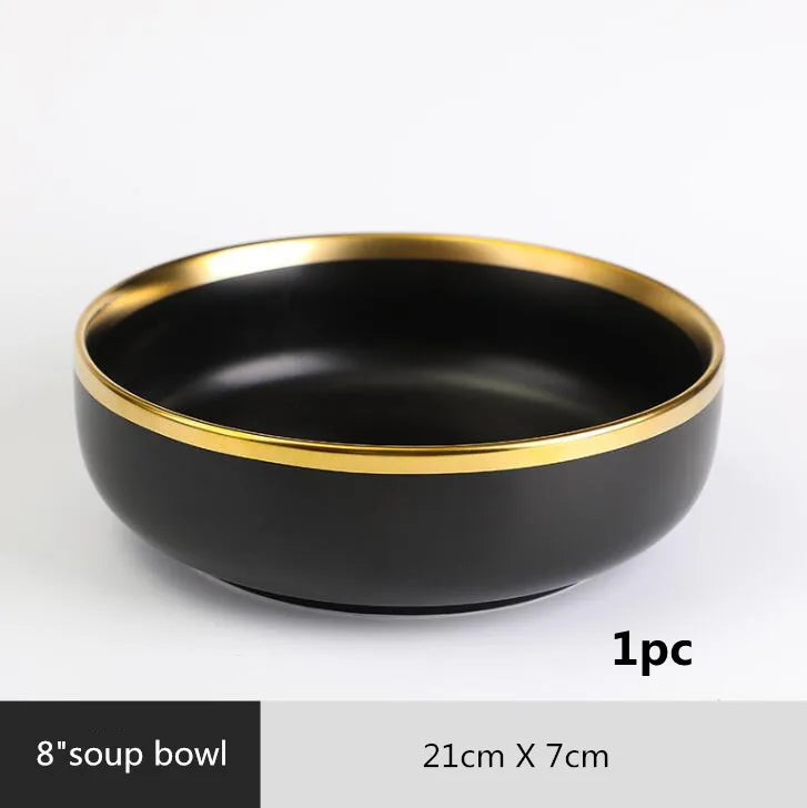 Gilt Rim Black Porcelain Dinner Plates Cutlery Set