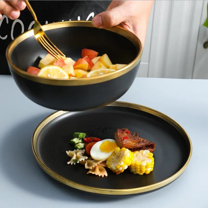 Gilt Rim Black Porcelain Dinner Plates Cutlery Set