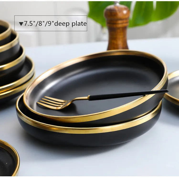 Gilt Rim Black Porcelain Dinner Plates Cutlery Set