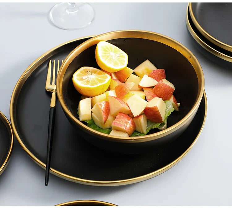 Gilt Rim Black Porcelain Dinner Plates Cutlery Set