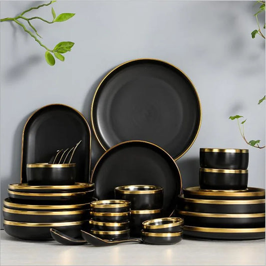 Gilt Rim Black Porcelain Dinner Plates  Cutlery Set