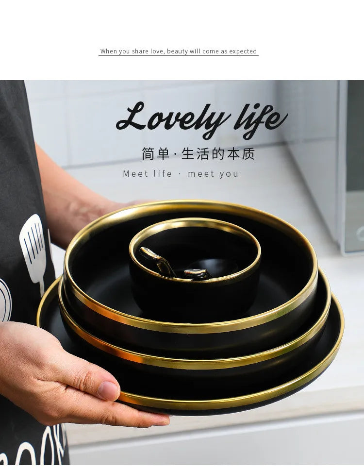 Gilt Rim Black Porcelain Dinner Plates Cutlery Set