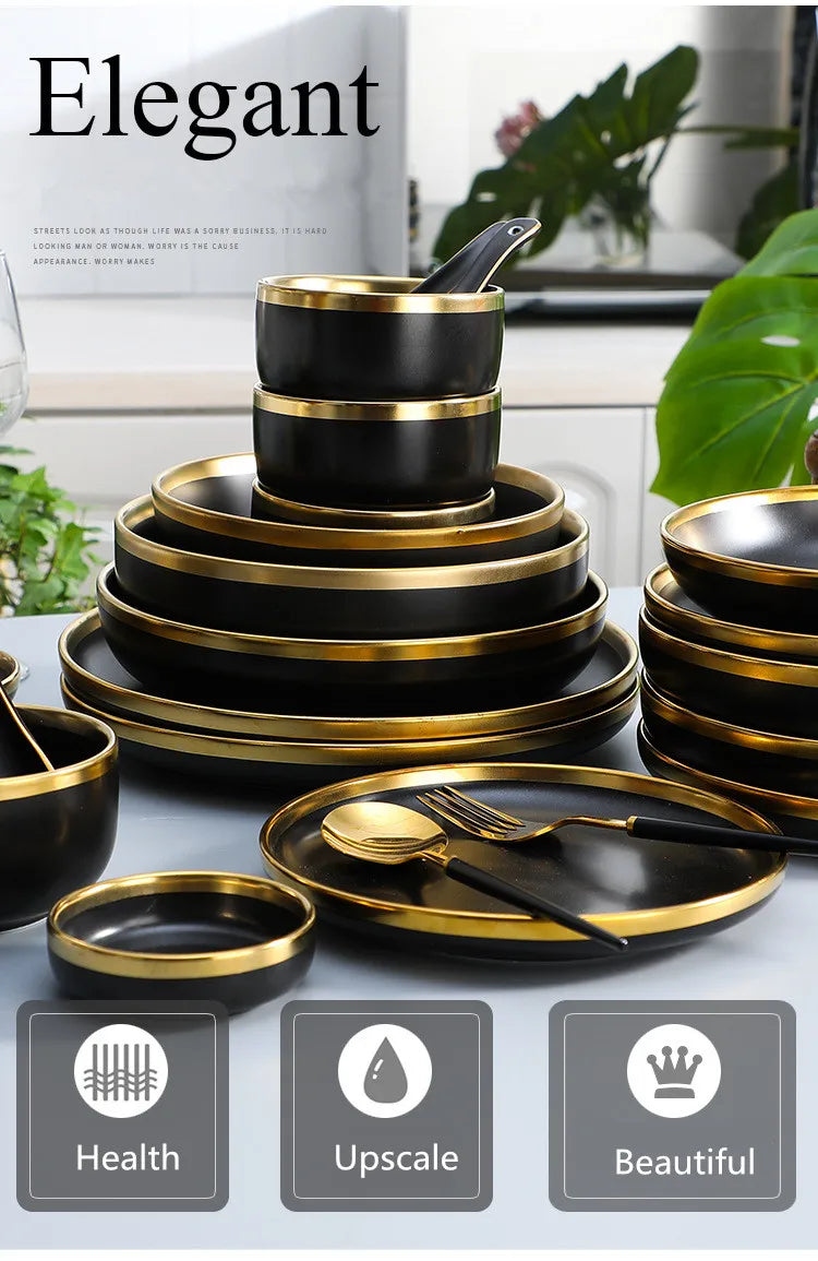 Gilt Rim Black Porcelain Dinner Plates Cutlery Set