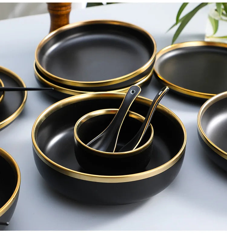 Gilt Rim Black Porcelain Dinner Plates Cutlery Set