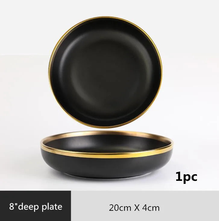 Gilt Rim Black Porcelain Dinner Plates Cutlery Set