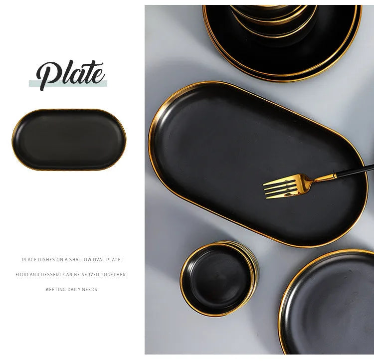 Gilt Rim Black Porcelain Dinner Plates Cutlery Set