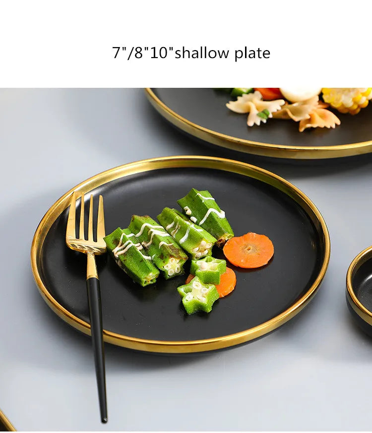 Gilt Rim Black Porcelain Dinner Plates Cutlery Set