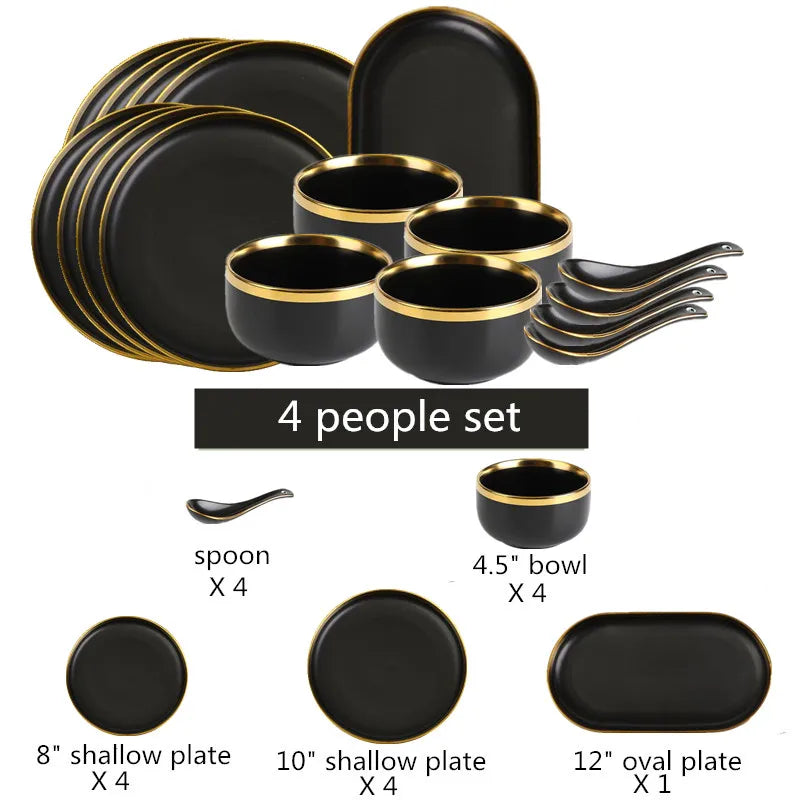 Gilt Rim Black Porcelain Dinner Plates Cutlery Set