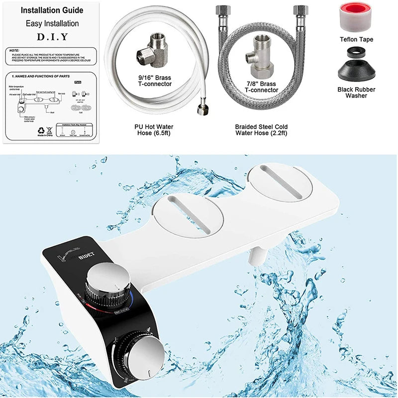 Bidet Toilet Seat Attachment Non-Electric Self-Cleaning Dual Nozzles Wash Hot Cold Mixer Water