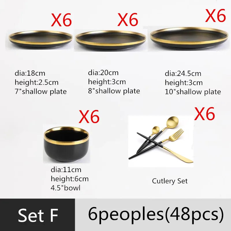 Gilt Rim Black Porcelain Dinner Plates Cutlery Set