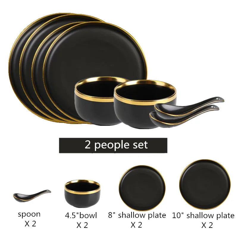 Gilt Rim Black Porcelain Dinner Plates Cutlery Set