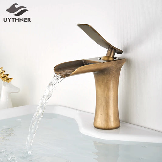 Basin Faucets Waterfall Bathroom Faucet Single handle Basin Mixer Tap  Antique Brass Faucet