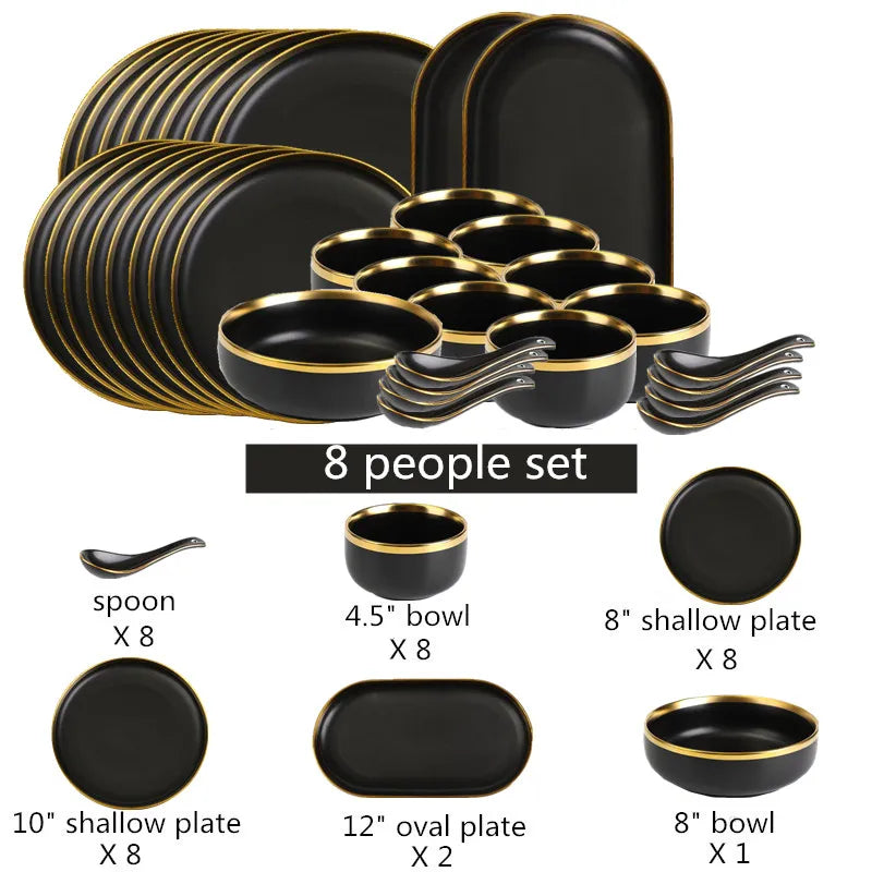 Gilt Rim Black Porcelain Dinner Plates Cutlery Set