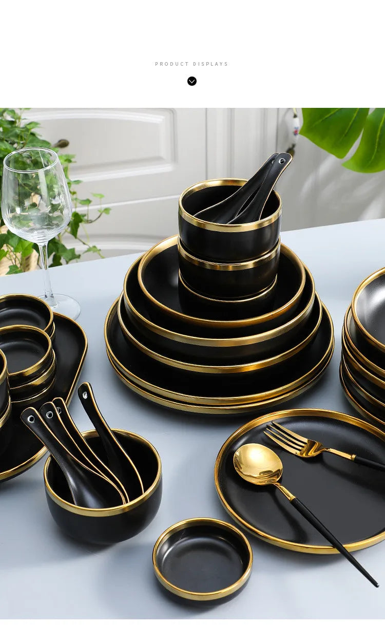 Gilt Rim Black Porcelain Dinner Plates Cutlery Set