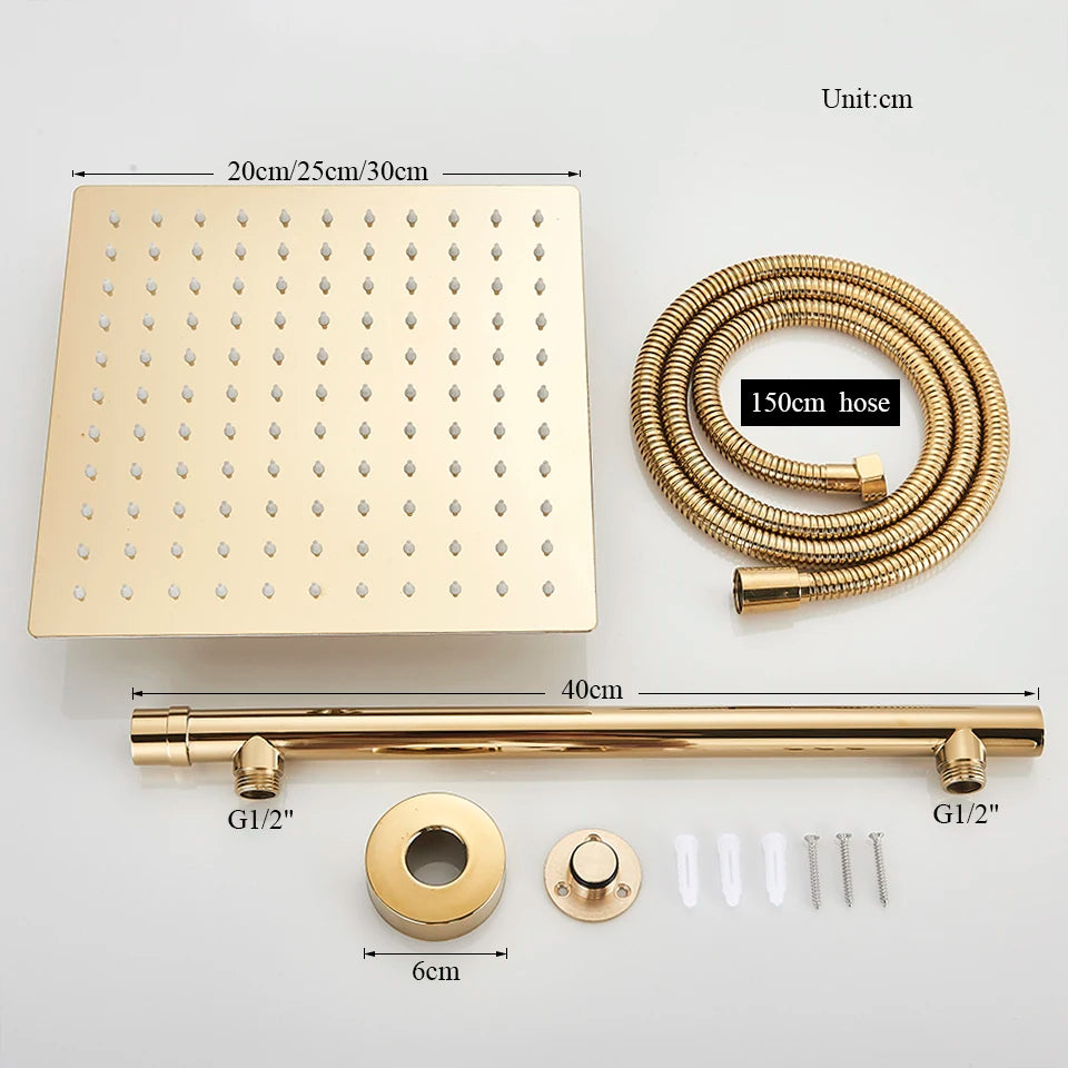 Gold/Black/Chrome Bathroom Top Shower Head 8"/10/12" With Shower Arm