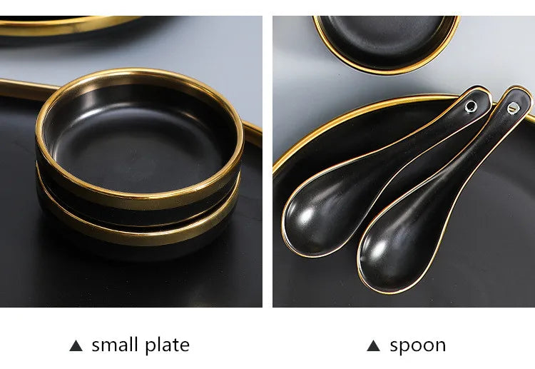 Gilt Rim Black Porcelain Dinner Plates Cutlery Set