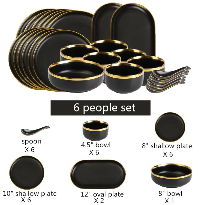 Gilt Rim Black Porcelain Dinner Plates  Cutlery Set
