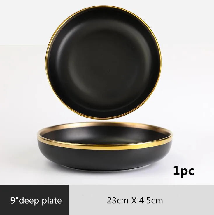 Gilt Rim Black Porcelain Dinner Plates  Cutlery Set