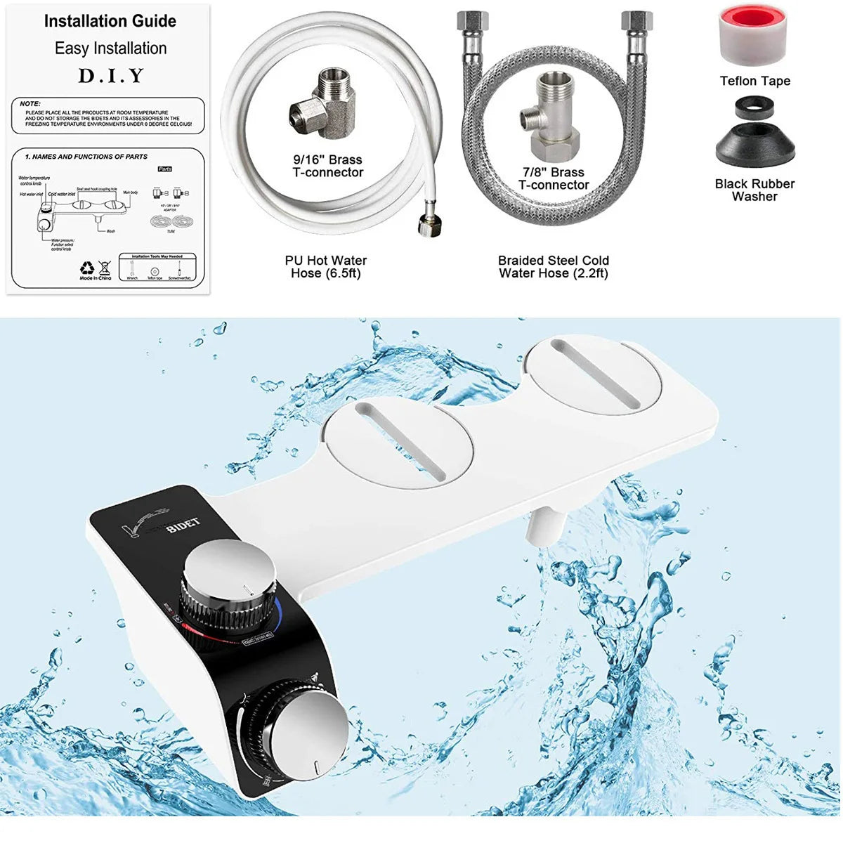 Bidet Toilet Seat Attachment Non-Electric Self-Cleaning Dual Nozzles Wash Hot Cold Mixer Water