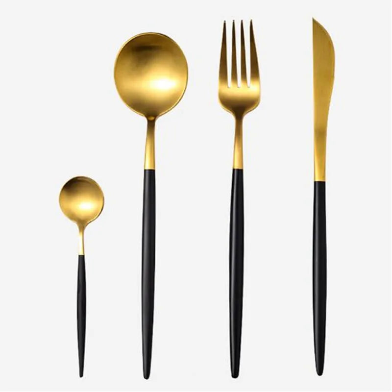 Gilt Rim Black Porcelain Dinner Plates Cutlery Set