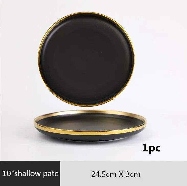 Gilt Rim Black Porcelain Dinner Plates Cutlery Set