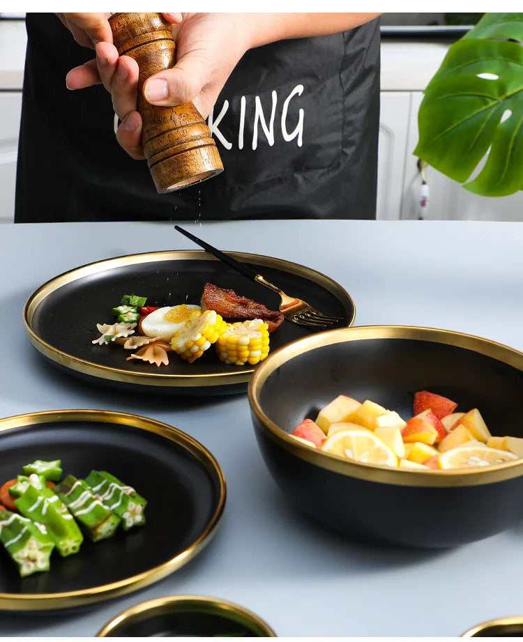 Gilt Rim Black Porcelain Dinner Plates  Cutlery Set