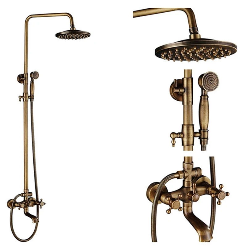 Antique Brass Shower Faucets Set 8'' Rainfall Shower Head Brass Handshower Dual Handle Mixer Tap Rotation Bath Shower Faucet