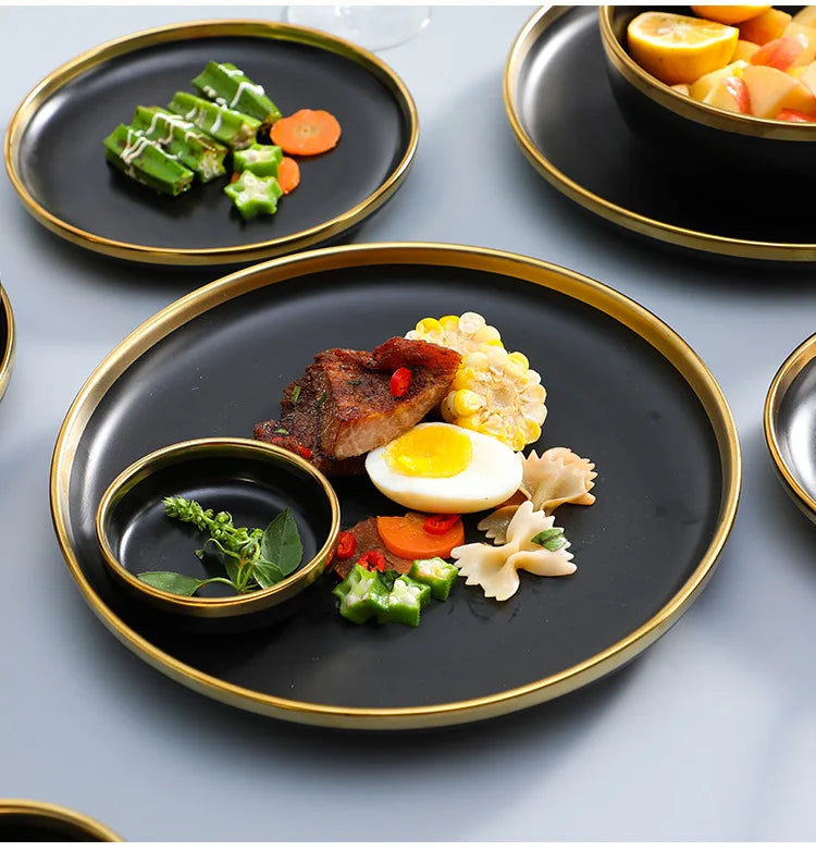 Gilt Rim Black Porcelain Dinner Plates Cutlery Set