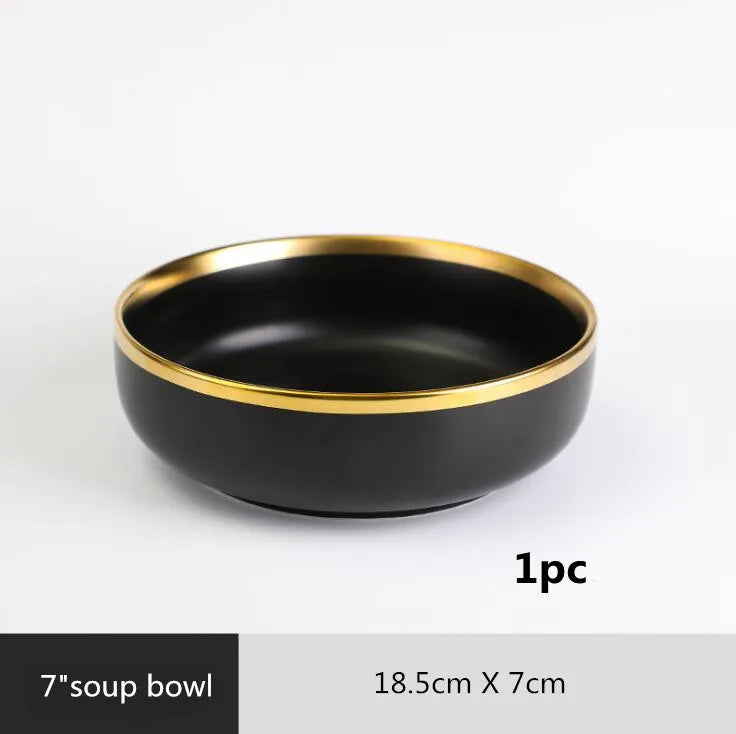 Gilt Rim Black Porcelain Dinner Plates Cutlery Set
