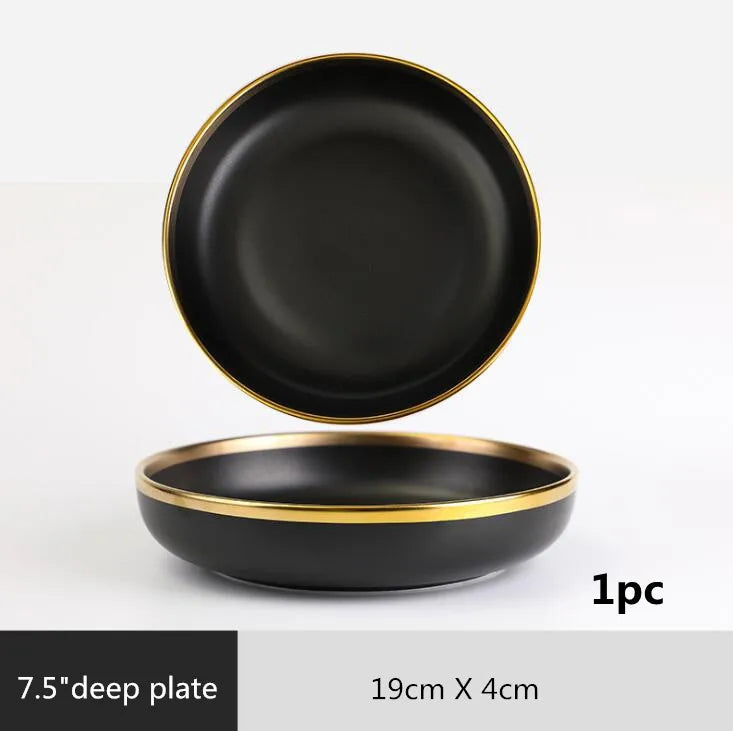 Gilt Rim Black Porcelain Dinner Plates Cutlery Set