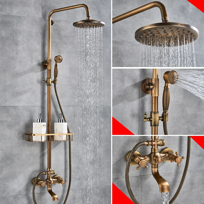Antique Brass Shower Faucets Set 8'' Rainfall Shower Head Brass Handshower Dual Handle Mixer Tap Rotation Bath Shower Faucet