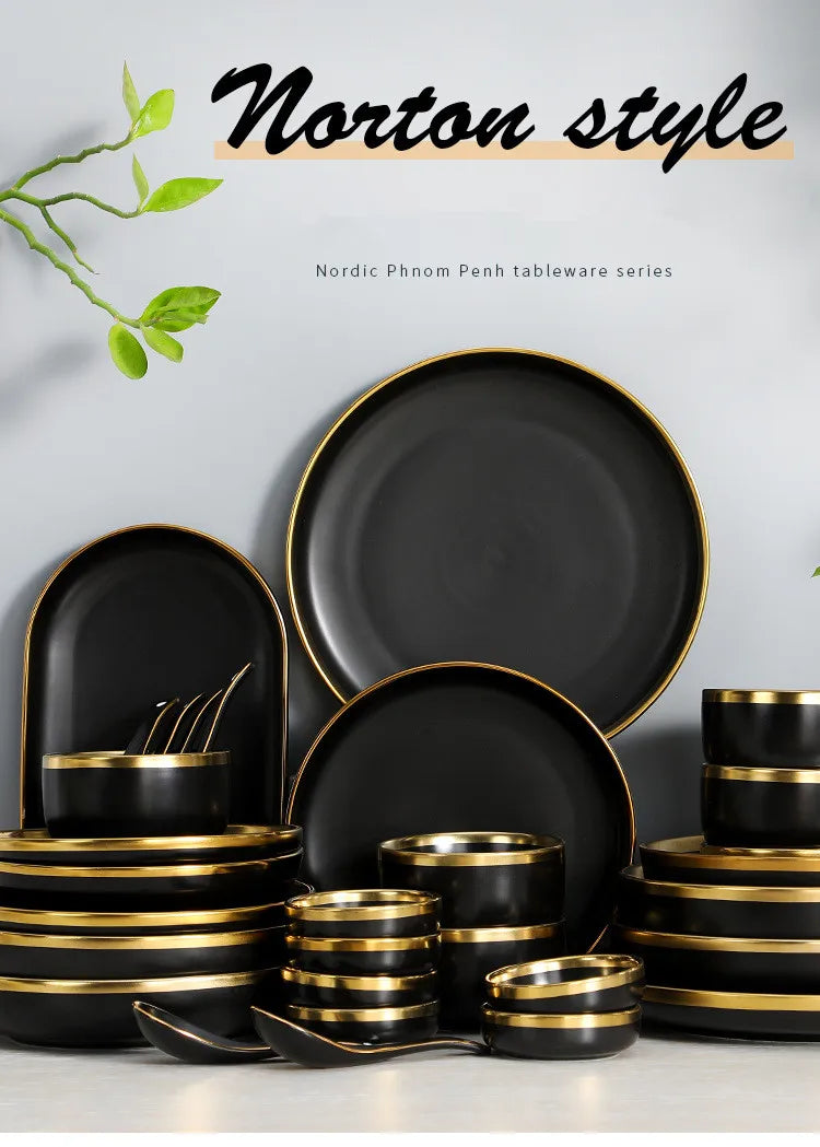 Gilt Rim Black Porcelain Dinner Plates Cutlery Set